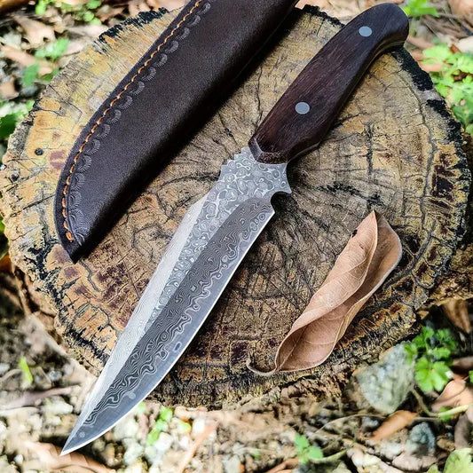 10” EDC HANDMADE FORGED DAMASCUS HUNTING KNIFE|BUSHCRAFT FIXED BLADE KNIFE W/ WOOD HANLDE