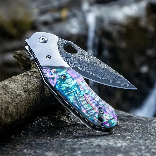 7.28" Damascus Steel EDC Folding Knife with Iridescent Abalone Shell Resin Handle | VG 10 Steel Blade
