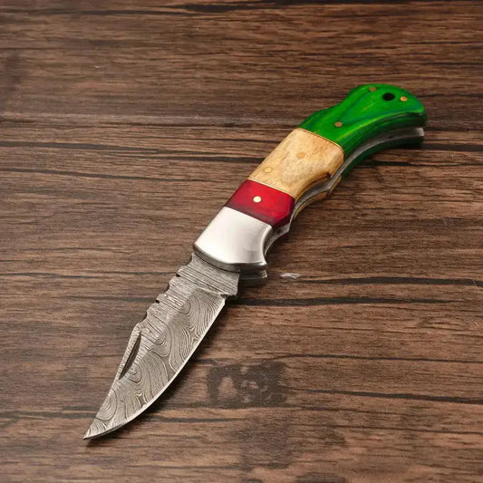 Custom Hand Made Forged Damascus Pocket Knife-Folding Knife With Steel Bolster - Hunt Craft Knives