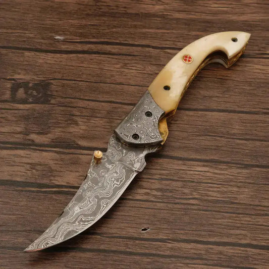 Custom Handmade Damascus Pocket Knife-Damascus Bolster Folding Knife With Bone Handle - Hunt Craft Knives