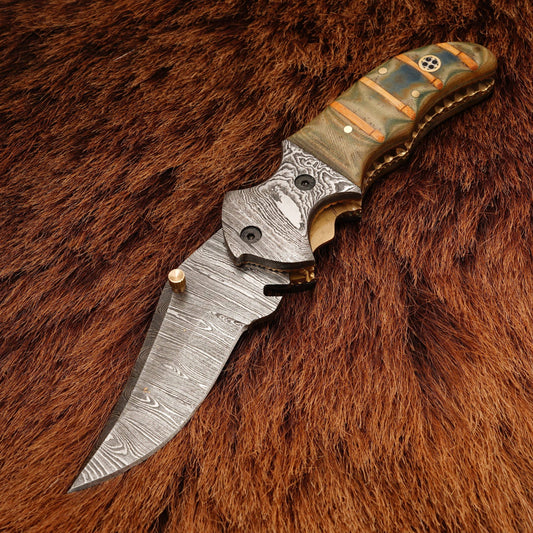 8” Custom Handcrafted Damascus Steel Pocket Knife - Damascus Bolster Folding camping Knife with Micarta Handle