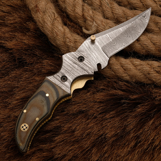EDC-Handmade Forged Damascus Pocket Folding Knife - Micarta Wood Handle - Damascus Steel Bolster