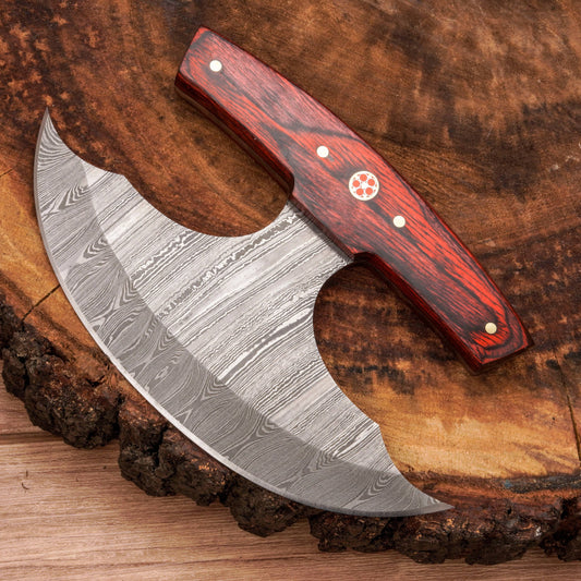 Handmade Forged Damascus Ulu Knife - Pakkawood Handle | Alaskan Knife