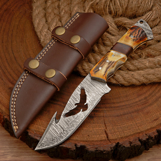 10" Custom Hand Forged Damascus Steel Gut Hook Skinner Knife - Full Tang