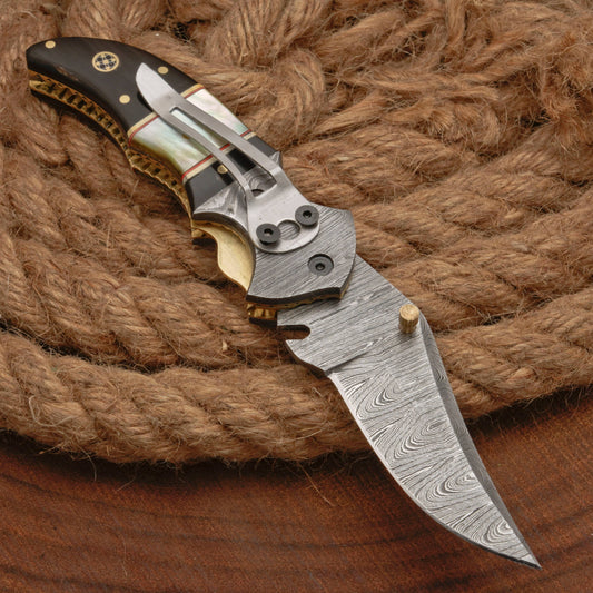 7" Handmade Damascus Pocket Knife with Pocket Clip - Real Pearl Black Horn - Damascus Bolster
