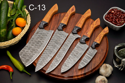 Handmade Forged Damascus Steel Chef Set-Artisanal Elegance 5-Piece Kitchen Knives Set