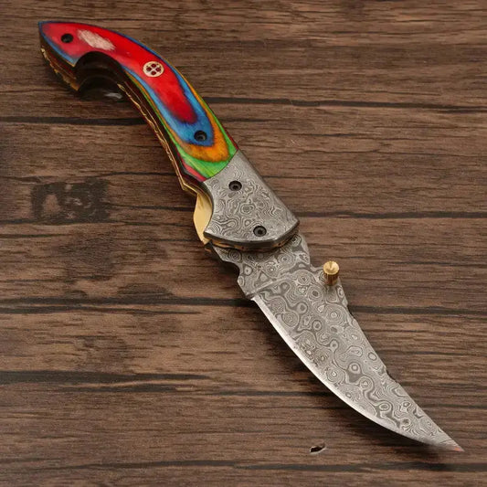 Handmade Damascus Pocket Knife-Damascus Bolster Folding Knife With MiltiColor Pakka Wood Handle - Hunt Craft Knives - Damascus Pocket Knife-Damascus Bolster Folding Knife camping knife