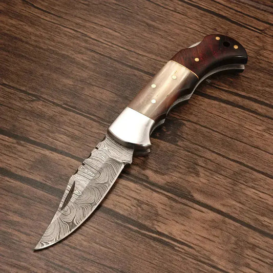 Handmade Damascus Steel Hunting Pocket Knife-Camping Folding Blade With Horn & Rose Wood Handle - Hunt Craft Knives