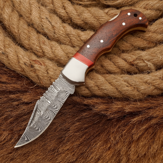 7" Handmade Damascus Steel Hunting Pocket Knife-Camping Folding Blade With Pakka Wood Handle