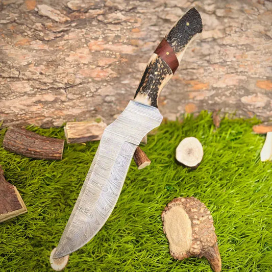 15" Handmade Forged Damascus Steel Hunting bowie knife survival knife - Rambo bowie knife w/ stag horn