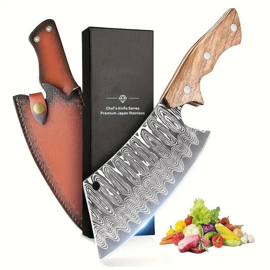 Hand-Forged Japanese Meat Cleaver Knife with Oak Handle & Sheath