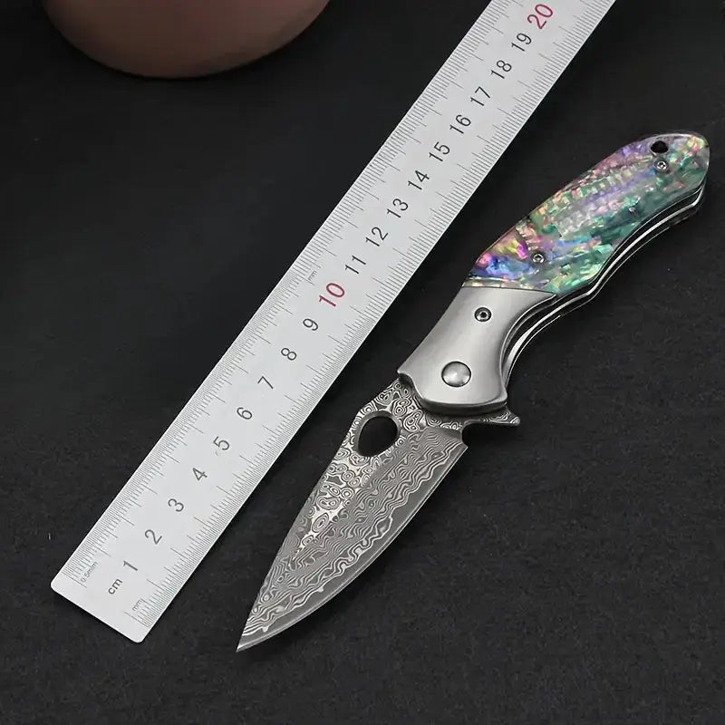 7.28" Damascus Steel EDC Folding Knife with Iridescent Abalone Shell Resin Handle | VG 10 Steel Blade