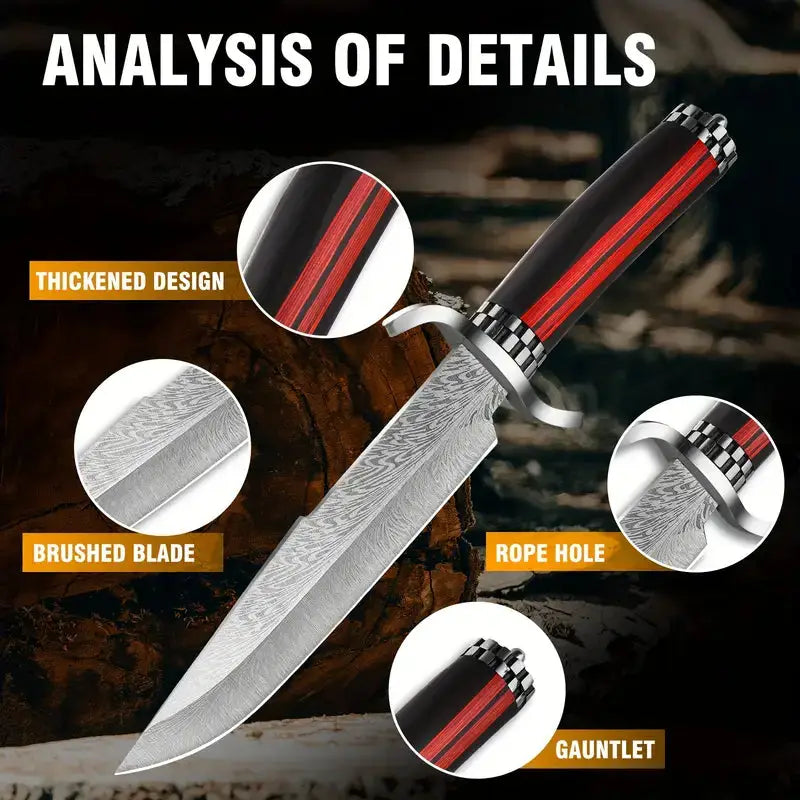 Handmade Damascus Stainless Steel Hunting Knife with V-Edge Blade | Black & Red Handle