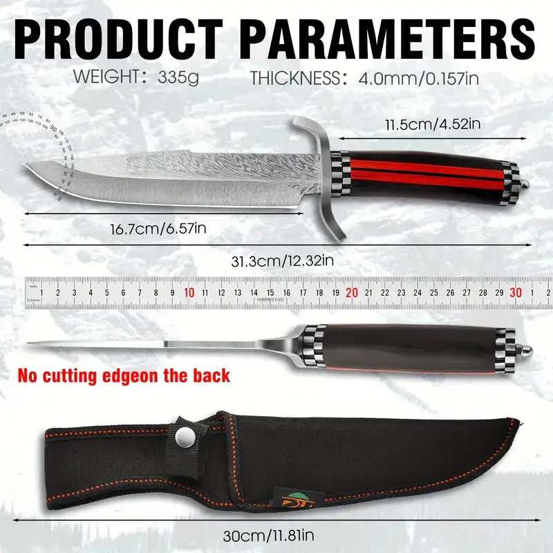 Handmade Damascus Stainless Steel Hunting Knife with V-Edge Blade | Black & Red Handle