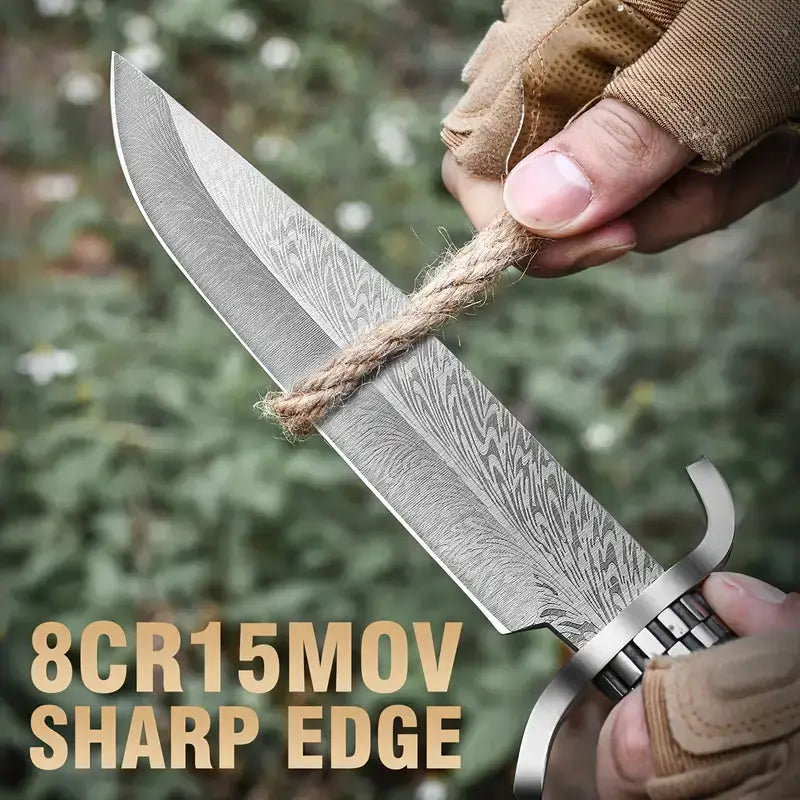Handmade Damascus Stainless Steel Hunting Knife with V-Edge Blade | Black & Red Handle