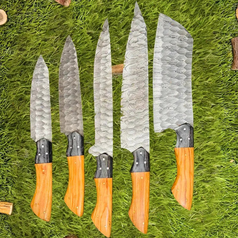 Artisanal Elegance 5-Piece Kitchen Knives Set-Handmade Forged Damascus Steel Chef Set Hunt Craft Knives