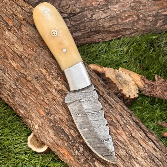 Custom Handmade Damascus Steel Hunting Skinner Knife-Steel Bolster & Bone Handle With Leather Sheath Hunt Craft Knives