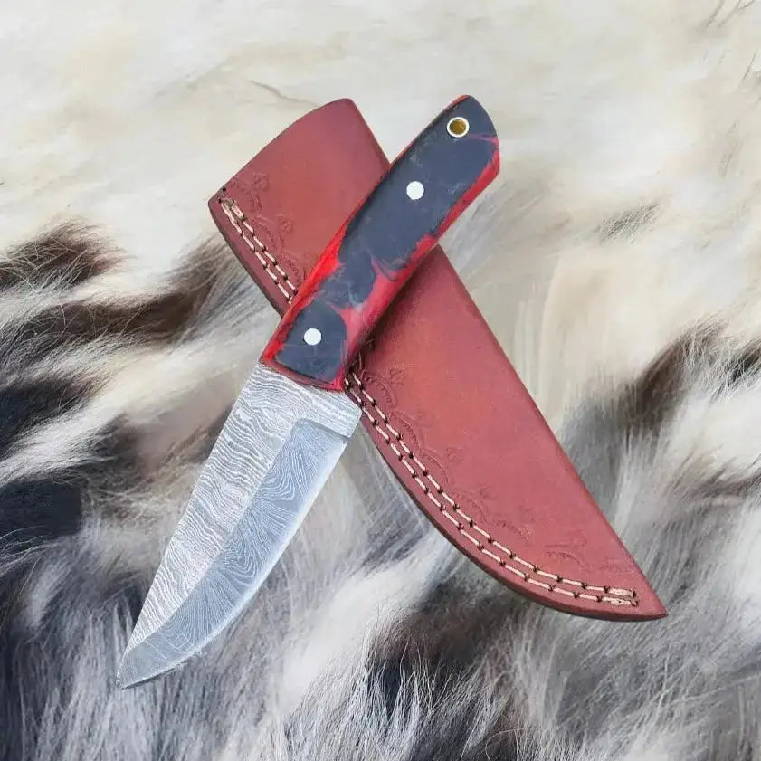 Handmade Damascus Steel Skinner Knife Red & Black Resin Handle - Hunt Craft Knives 