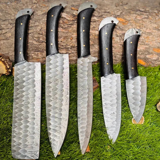 Custom Handmade Forged Damascus Steel Chef Set-Kitchen Knives Set W/ Leather Roll Hunt Craft Knives