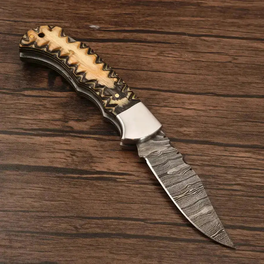 Handmade Damascus Pocket Knife-Camping Folding Blade With Pakka Wood Handle - Hunt Craft Knives