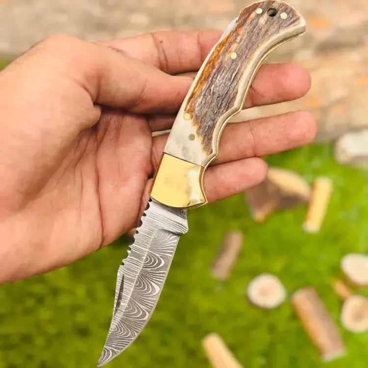Handmade Damascus Folding Pocket Knife-Brass Bolster & Stag Horn Handle-Viking knife Hunt Craft Knives