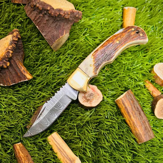 Handmade Damascus Folding Pocket Knife-Brass Bolster & Stag Horn Handle-Viking knife Hunt Craft Knives