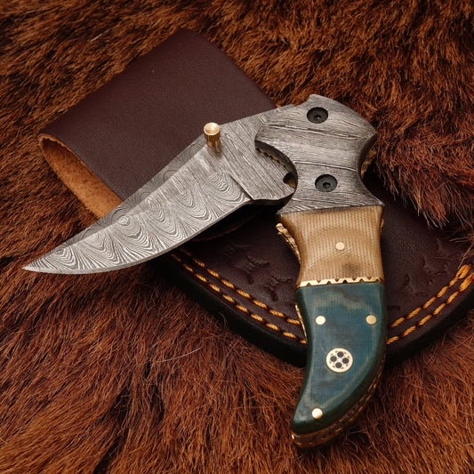 8” Custom handmade Damascus Steel Pocket Knife-Damascus Bolster Folding Knife With Micarta Handle