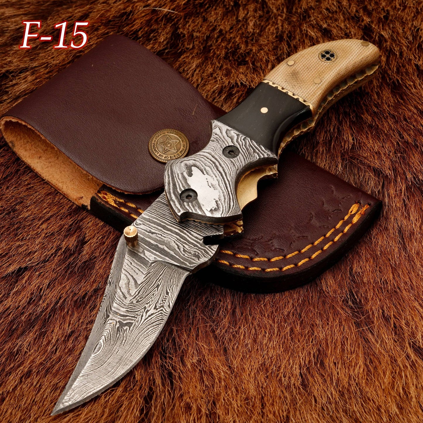 Handmade Damascus Pocket Knife-Damascus Bolster Folding Knife With Micarta Handle