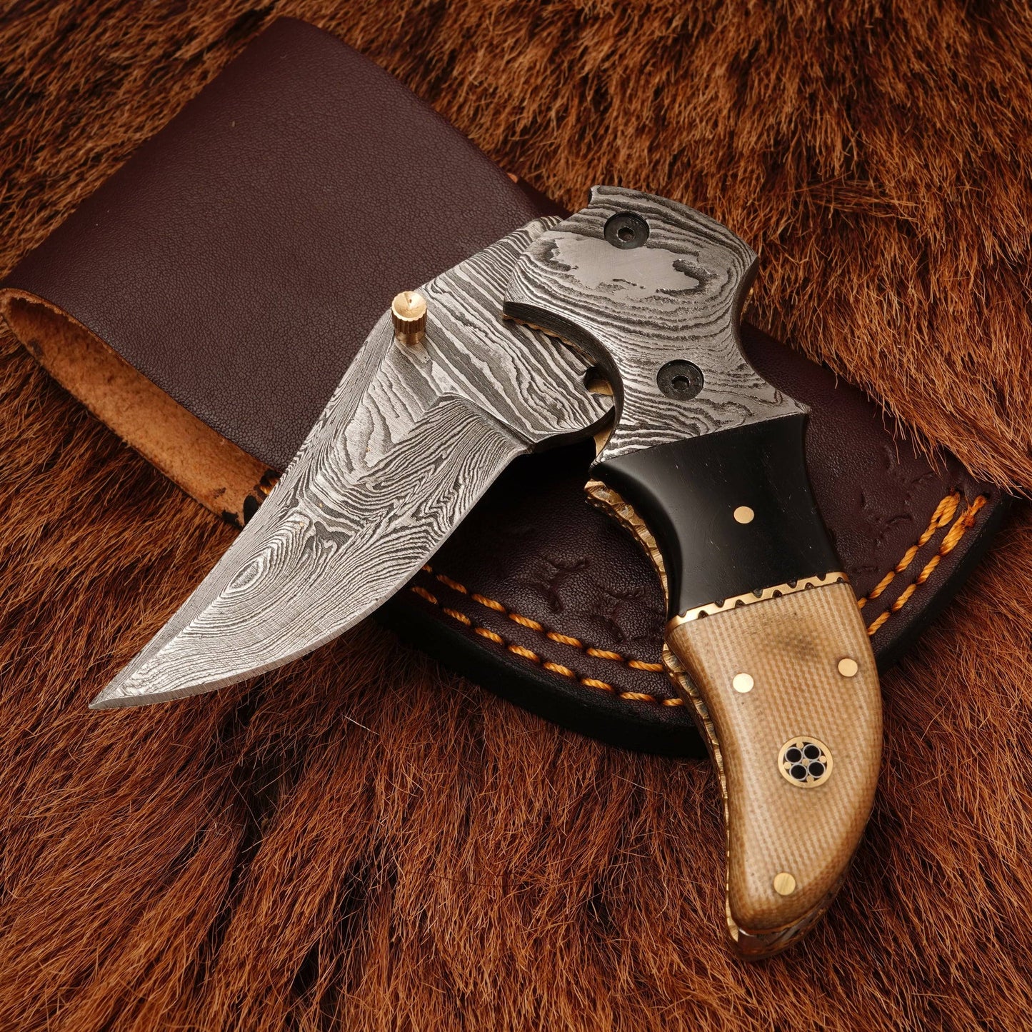 Handmade Damascus Pocket Knife-Damascus Bolster Folding Knife With Micarta Handle