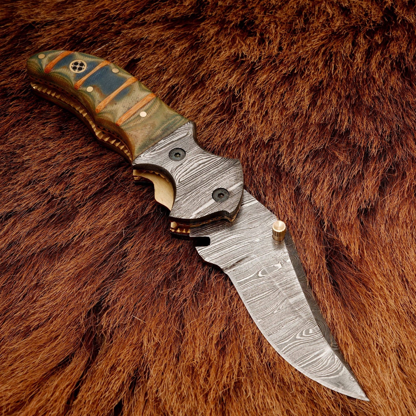 8” Custom Handcrafted Damascus Steel Pocket Knife – Damascus Bolster Folding Knife with Micarta Handle