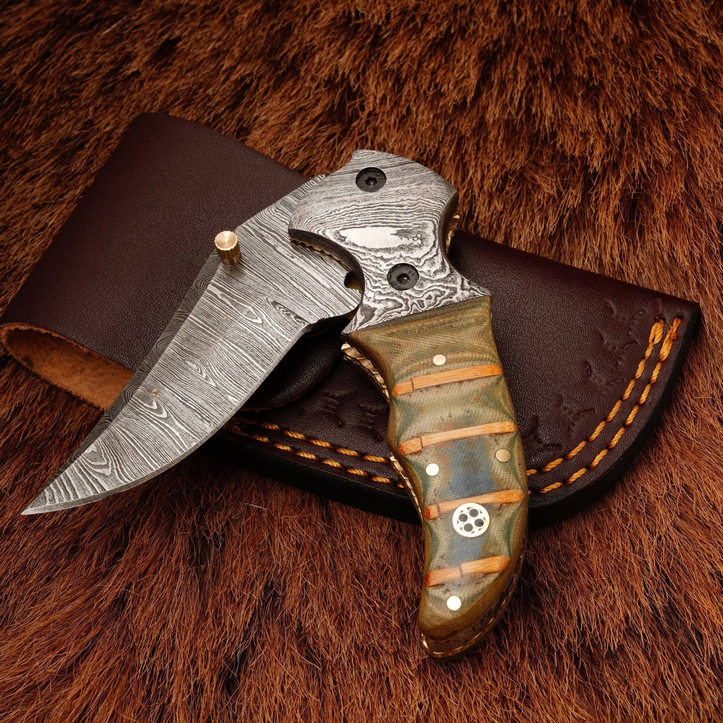 8” Custom Handcrafted Damascus Steel Pocket Knife – Damascus Bolster Folding Knife with Micarta Handle