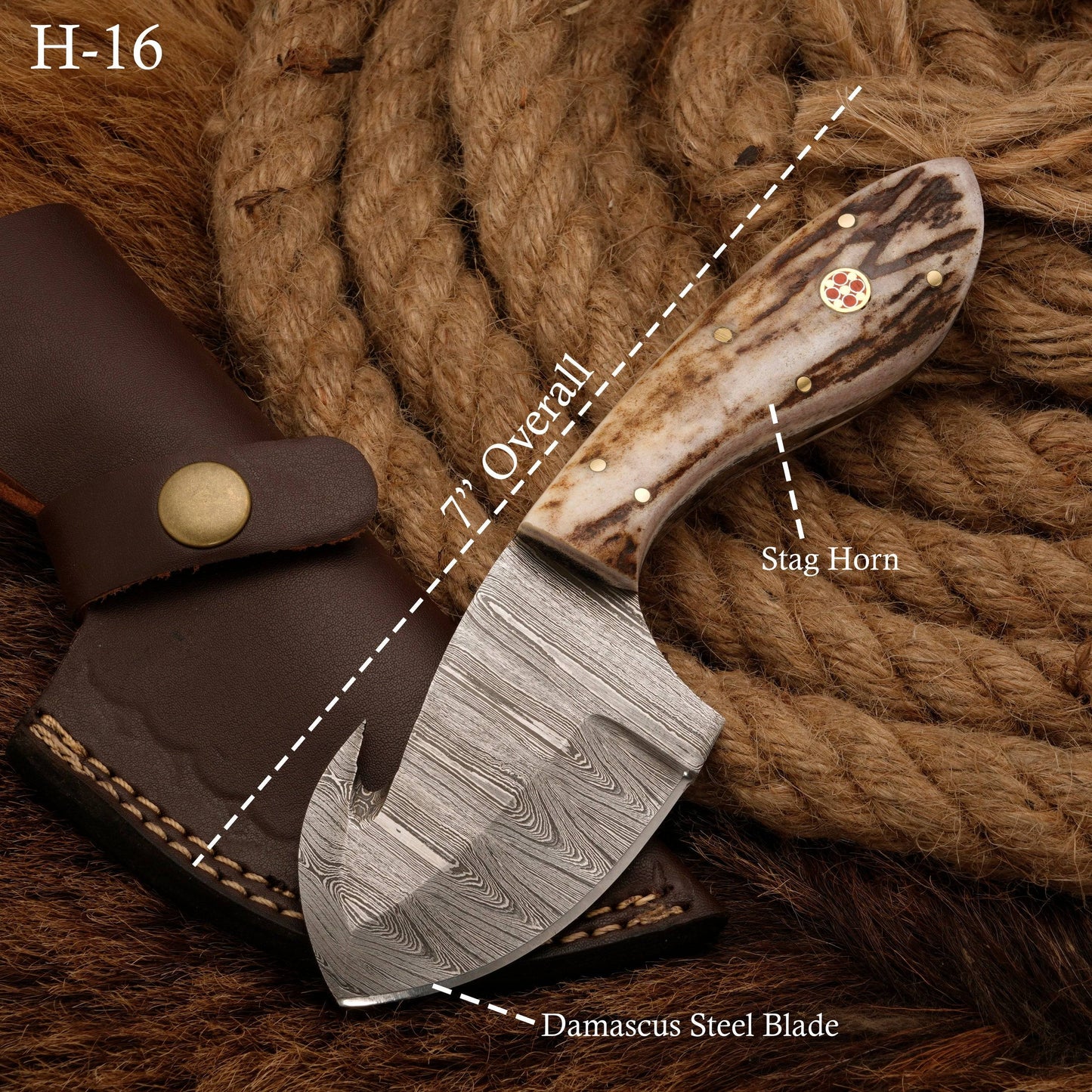 Handmade Forged Damascus Steel Skinning Knife - Gut Hook Hunting Skinner Knife with Stag Horn handle