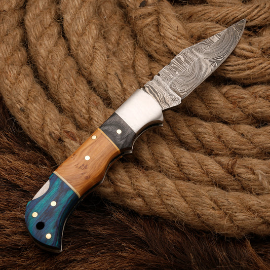 7" Handmade Damascus Steel Hunting Pocket Knife - Camping Folding Blade with Pakka & Olive Wood Handle