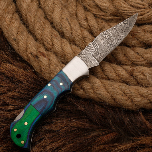 7" Handmade Damascus Steel Hunting Pocket Knife-Camping Folding Blade With Pakka Wood Handle