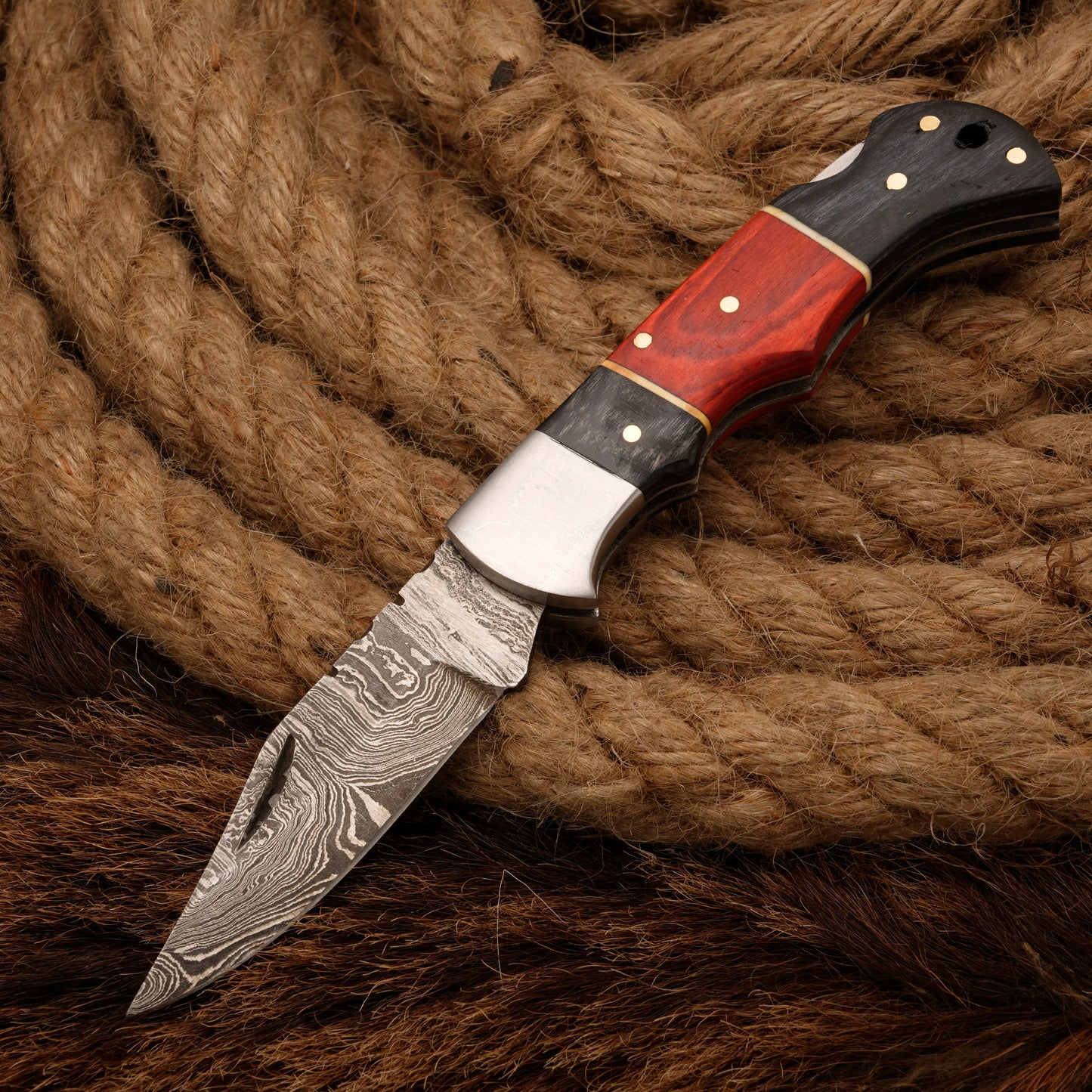 7" Handmade Damascus Steel Hunting Pocket Knife-Camping Folding Blade With Pakka Wood Handle