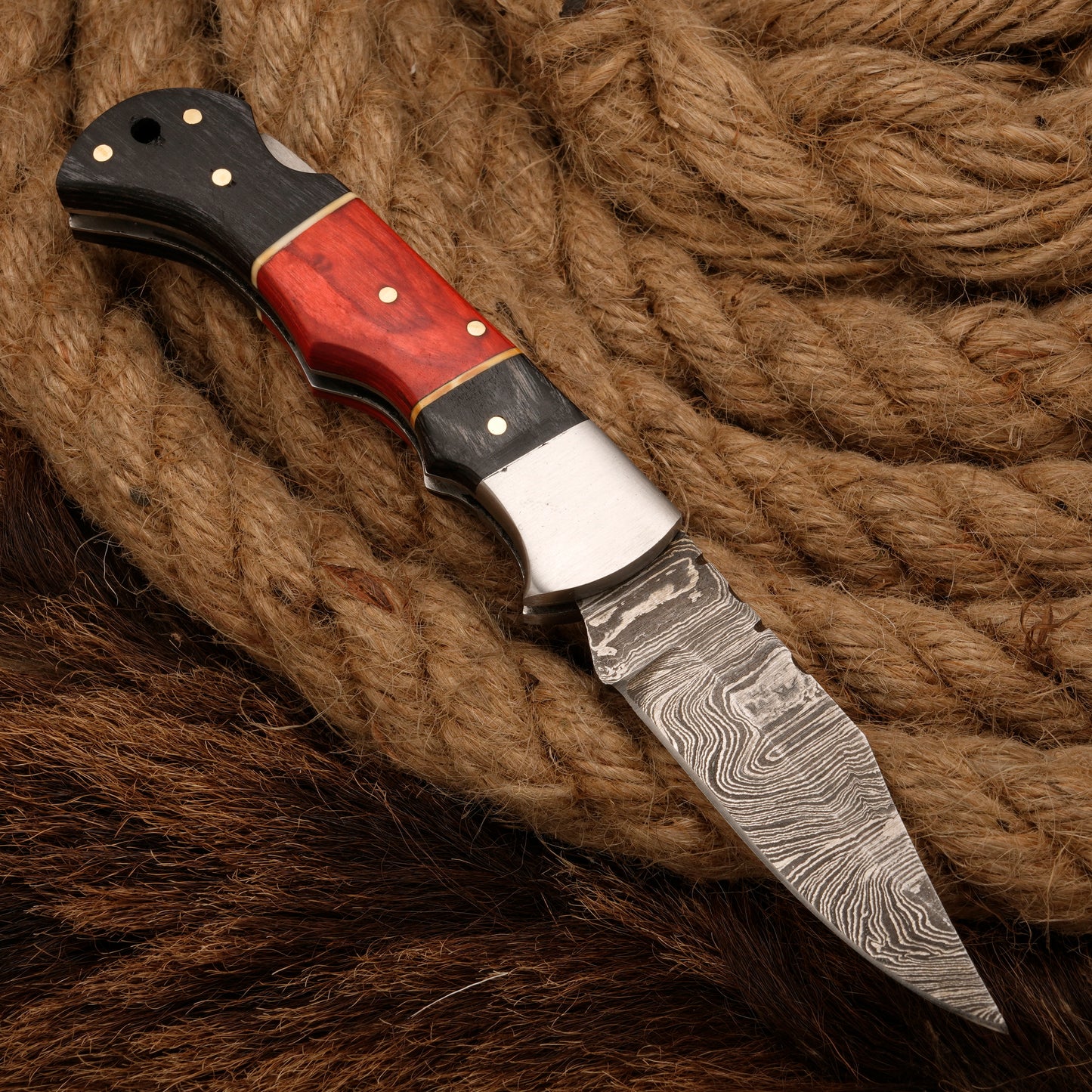 7" Handmade Damascus Steel Hunting Pocket Knife-Camping Folding Blade With Pakka Wood Handle