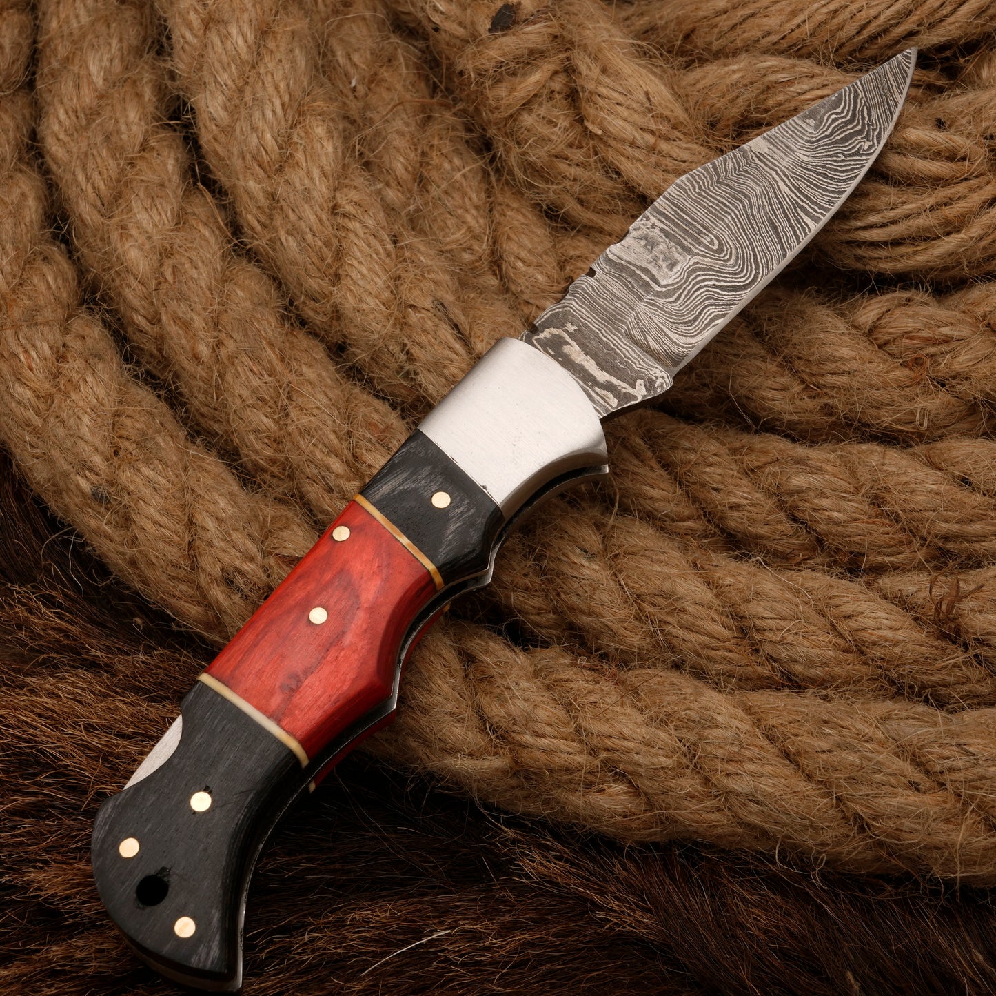 7" Handmade Damascus Steel Hunting Pocket Knife-Camping Folding Blade With Pakka Wood Handle