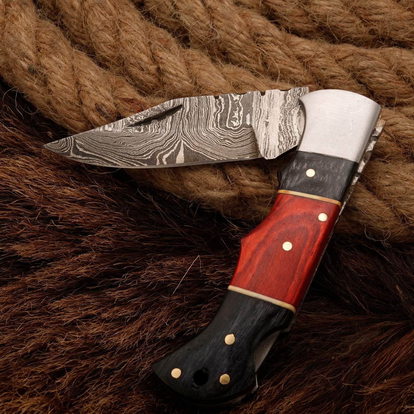 7" Handmade Damascus Steel Hunting Pocket Knife-Camping Folding Blade With Pakka Wood Handle