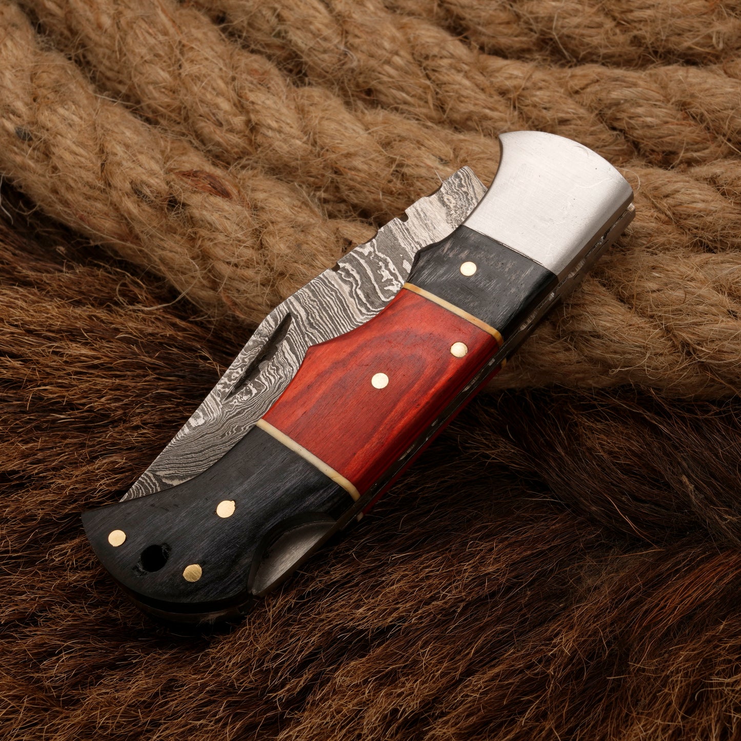 7" Handmade Damascus Steel Hunting Pocket Knife-Camping Folding Blade With Pakka Wood Handle