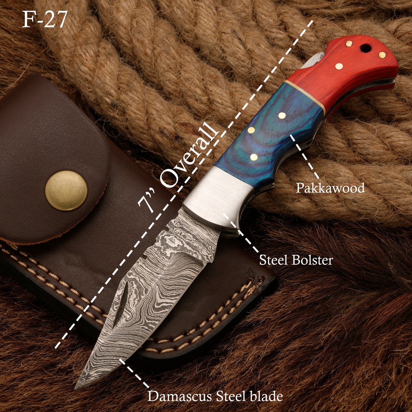 7" Handmade Damascus Steel Hunting Pocket Knife-Camping Folding Blade With Pakka Wood Handle