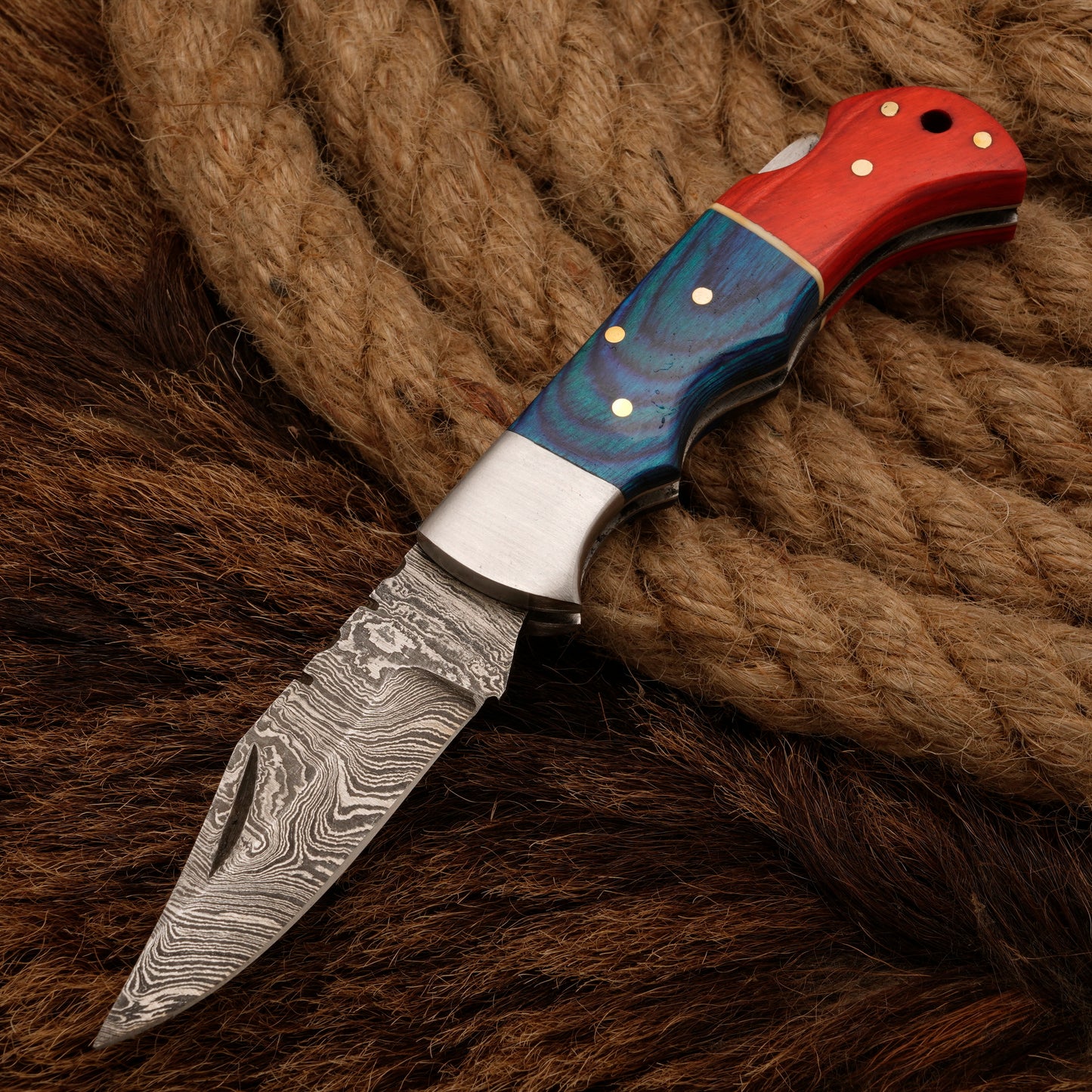 7" Handmade Damascus Steel Hunting Pocket Knife-Camping Folding Blade With Pakka Wood Handle