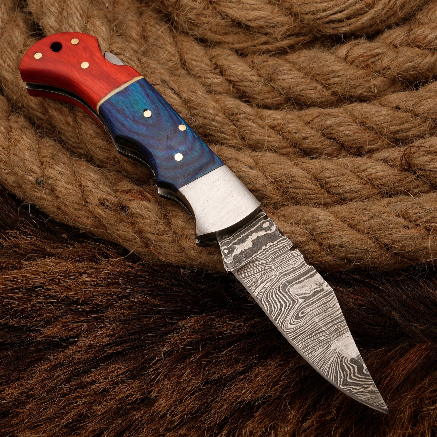 7" Handmade Damascus Steel Hunting Pocket Knife-Camping Folding Blade With Pakka Wood Handle