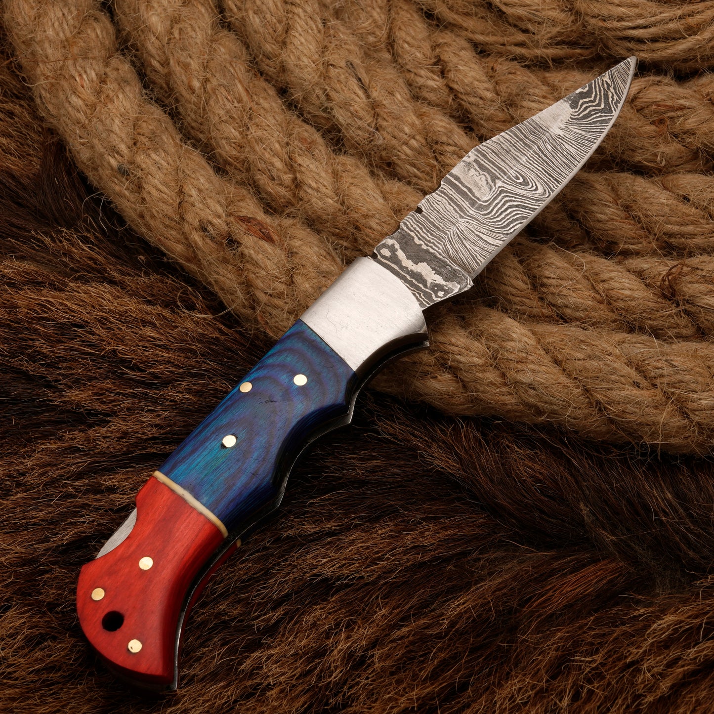 7" Handmade Damascus Steel Hunting Pocket Knife-Camping Folding Blade With Pakka Wood Handle