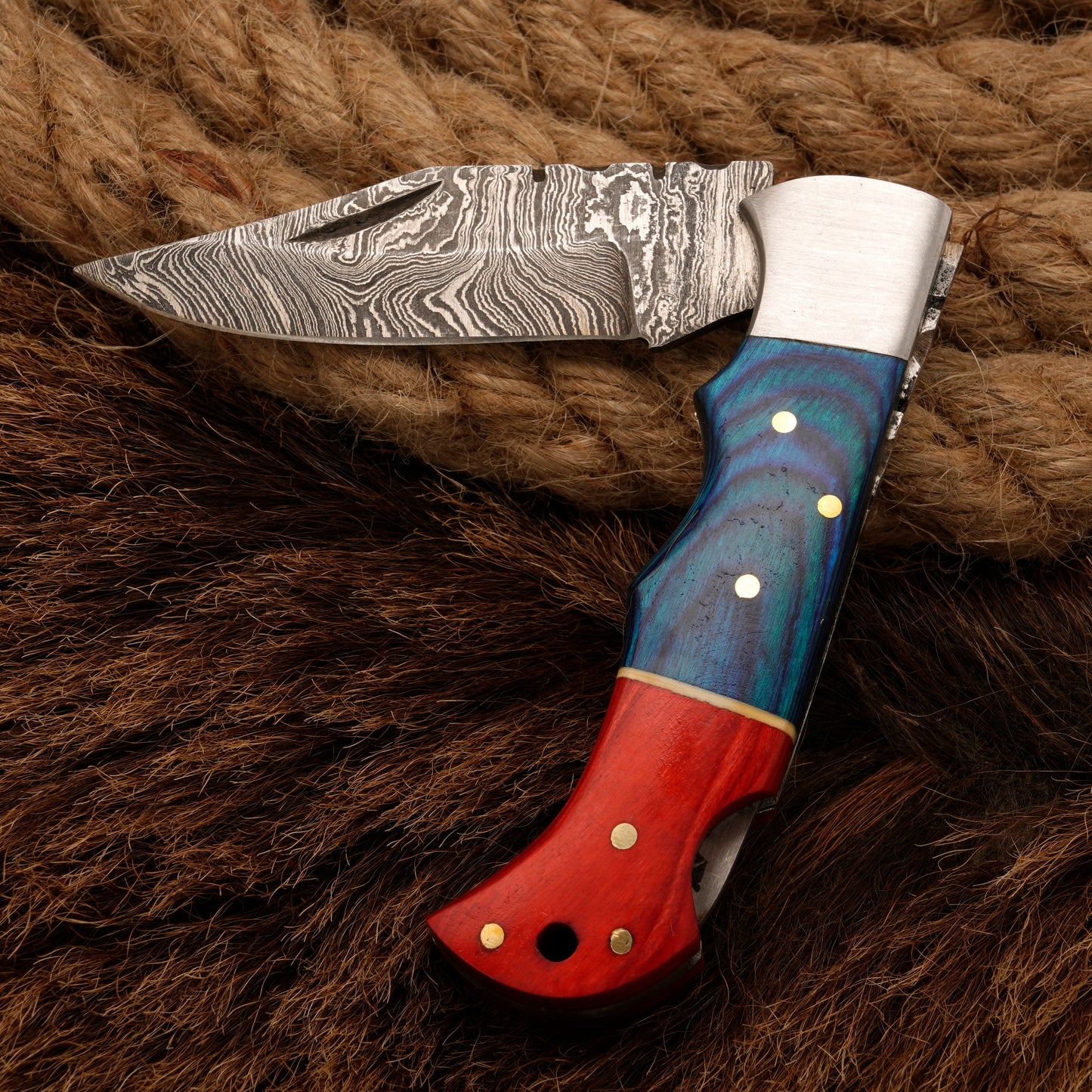 7" Handmade Damascus Steel Hunting Pocket Knife-Camping Folding Blade With Pakka Wood Handle