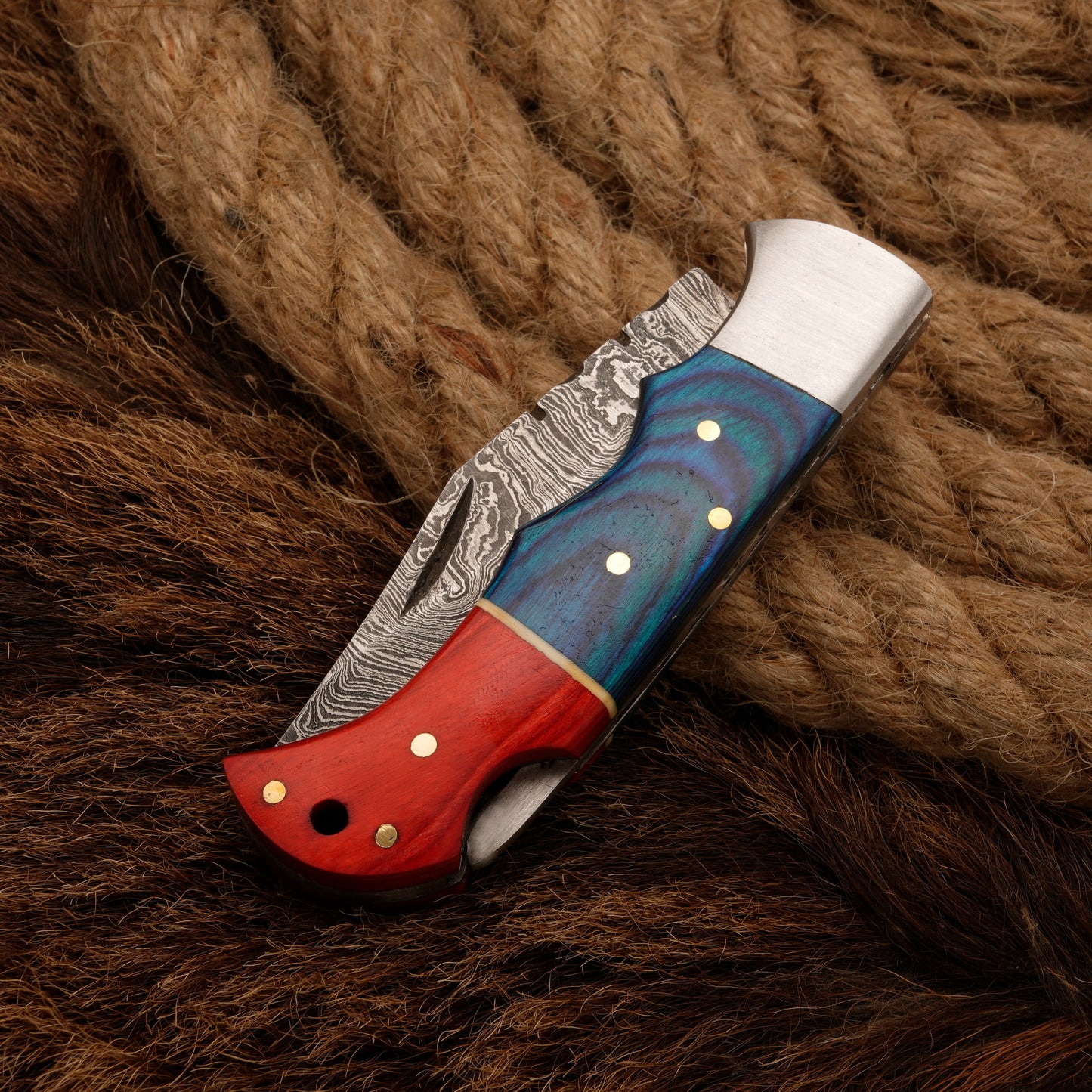 7" Handmade Damascus Steel Hunting Pocket Knife-Camping Folding Blade With Pakka Wood Handle