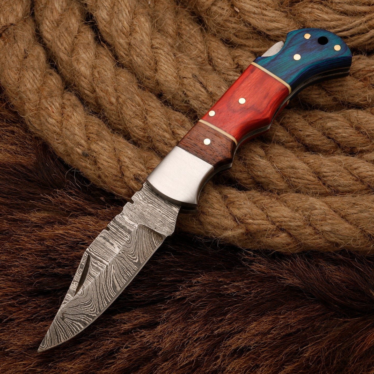 7" Handmade Damascus Steel Hunting Pocket Knife-Camping Folding Blade With Pakka Wood Handle