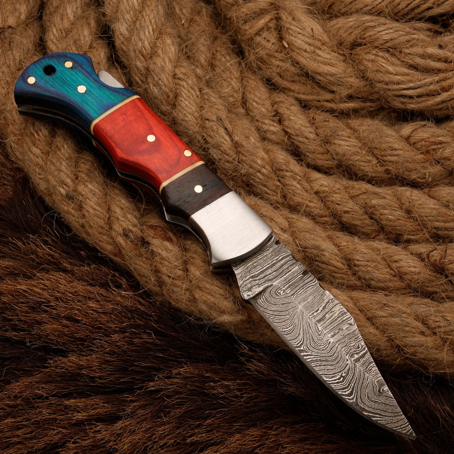 7" Handmade Damascus Steel Hunting Pocket Knife-Camping Folding Blade With Pakka Wood Handle