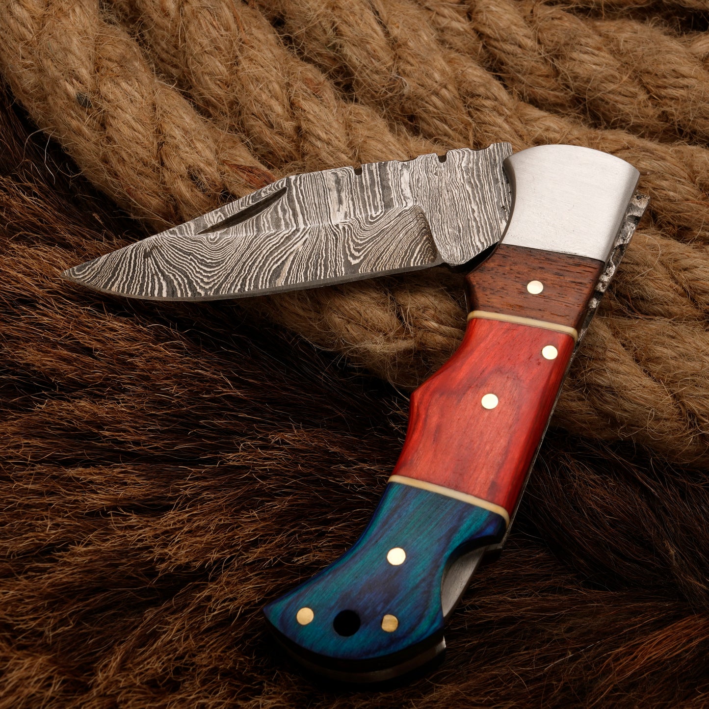 7" Handmade Damascus Steel Hunting Pocket Knife-Camping Folding Blade With Pakka Wood Handle