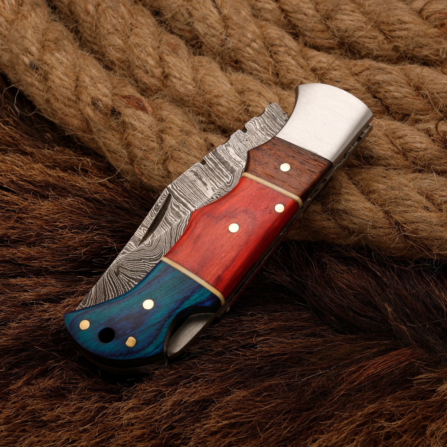 7" Handmade Damascus Steel Hunting Pocket Knife-Camping Folding Blade With Pakka Wood Handle