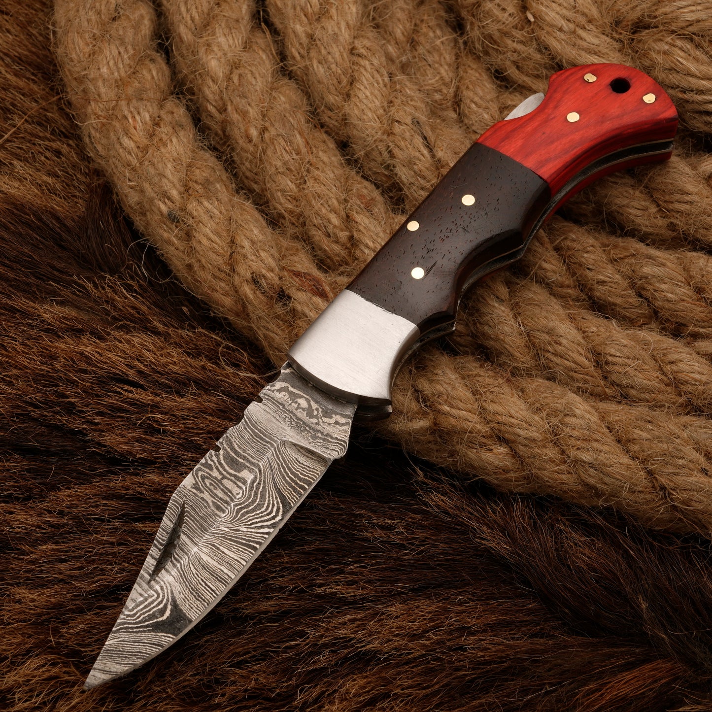 7" Handmade Damascus Steel Hunting Pocket Knife-Camping Folding Blade With Pakka & Rose Wood Handle